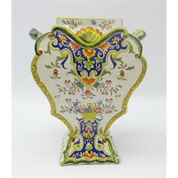  Early 20th century two handled Delft vase, of tapered form painted with Polychrome enamels, H25cm   