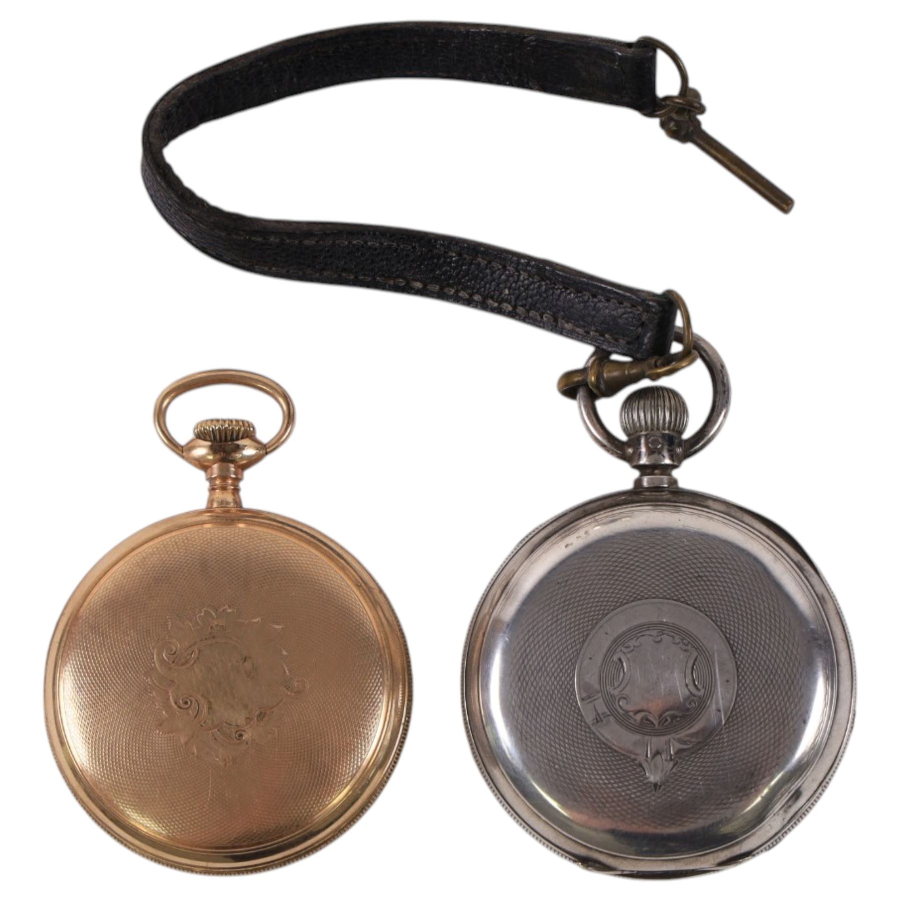 German silver beaker (800 standard), silver plated trophy cup, silver pocket watch, gold plated screw back pocket watch, five silver shilling coins, and some further coins