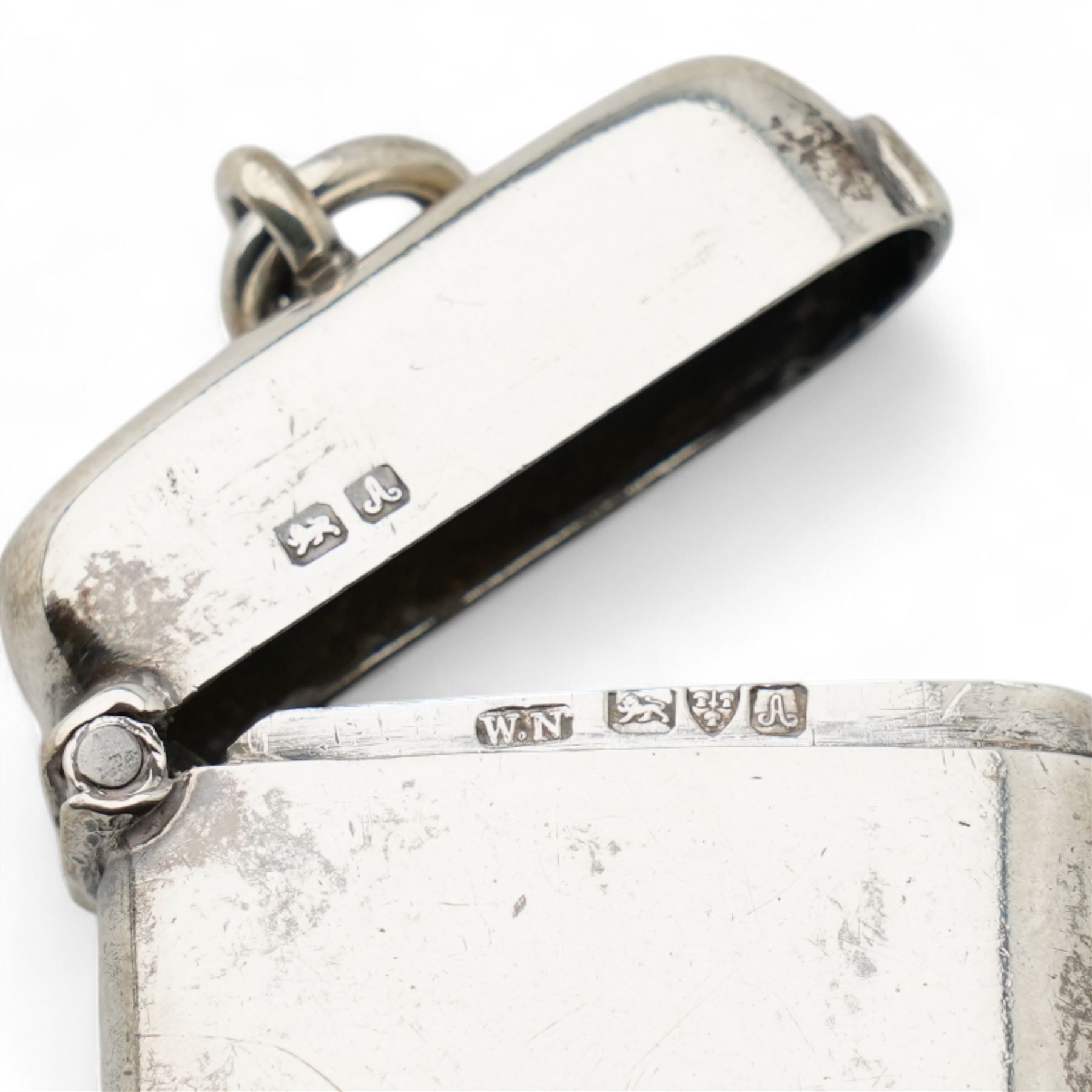 Edwardian silver miniature hay rake with ebonised handle L20cm Birmingham 1908 Maker T H Hazlewood & Co., pair of silver decanter labels 'Whisky' and 'Sherry' Birmingham 1985, another 'Port', silver vesta case and small silver dish D8cm