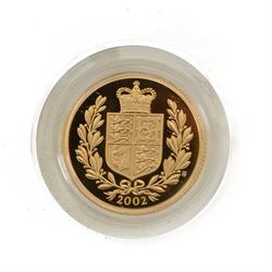 Queen Elizabeth II 2002 gold proof full sovereign coin, cased with certificate