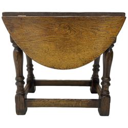 Small 17th century design oak occasional table, oval drop-leaf top with swivel action, raised on turned supports united by box stretcher