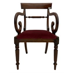 Seven early 19th century mahogany dining chairs - set six side chairs with scroll carved middle rails (W46cm), and a carver elbow chair with rope twist middle rail