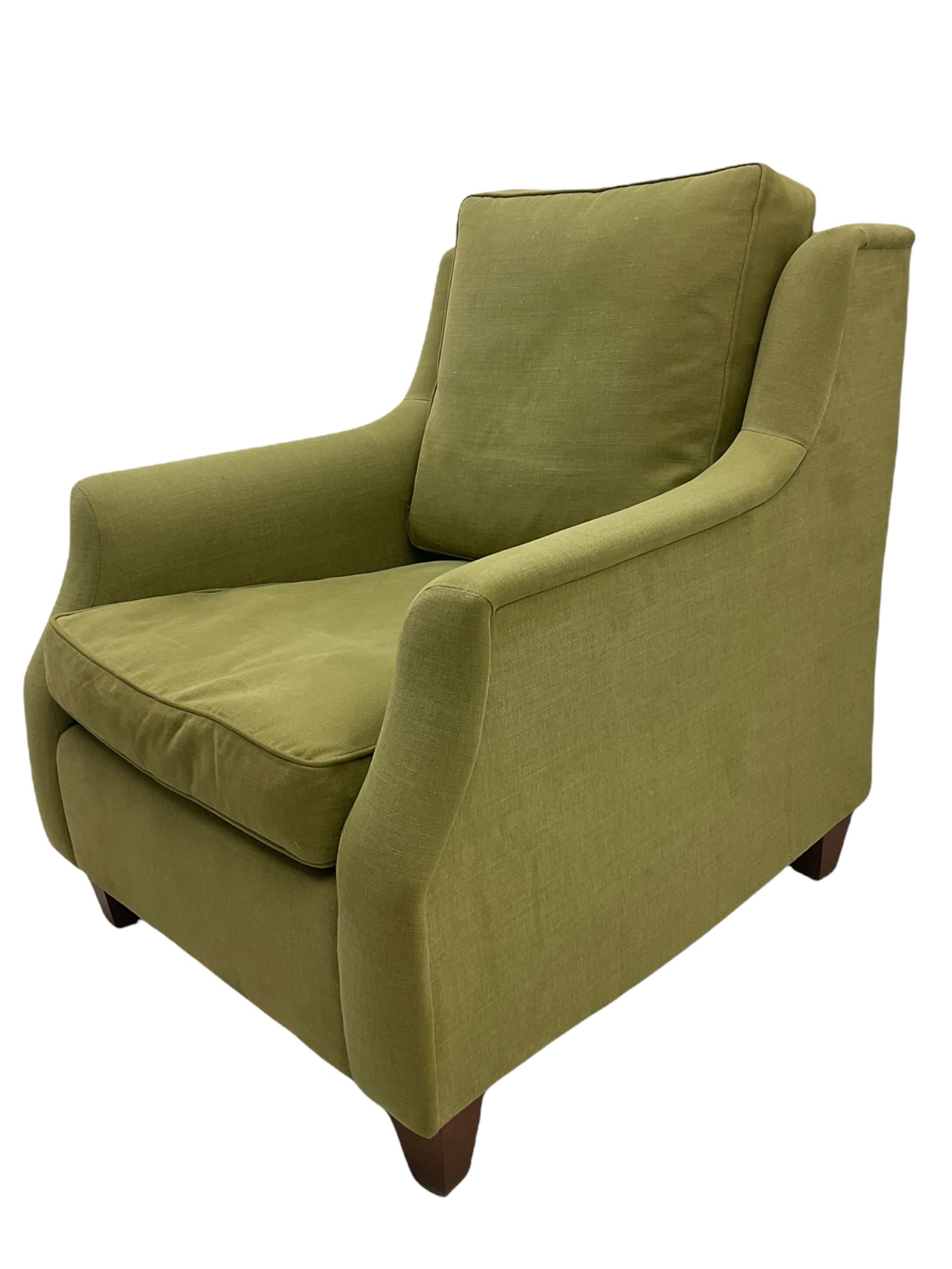 Wesley-Barrell two seat sofa and pair of matching armchairs, upholstered in sage linen fabric