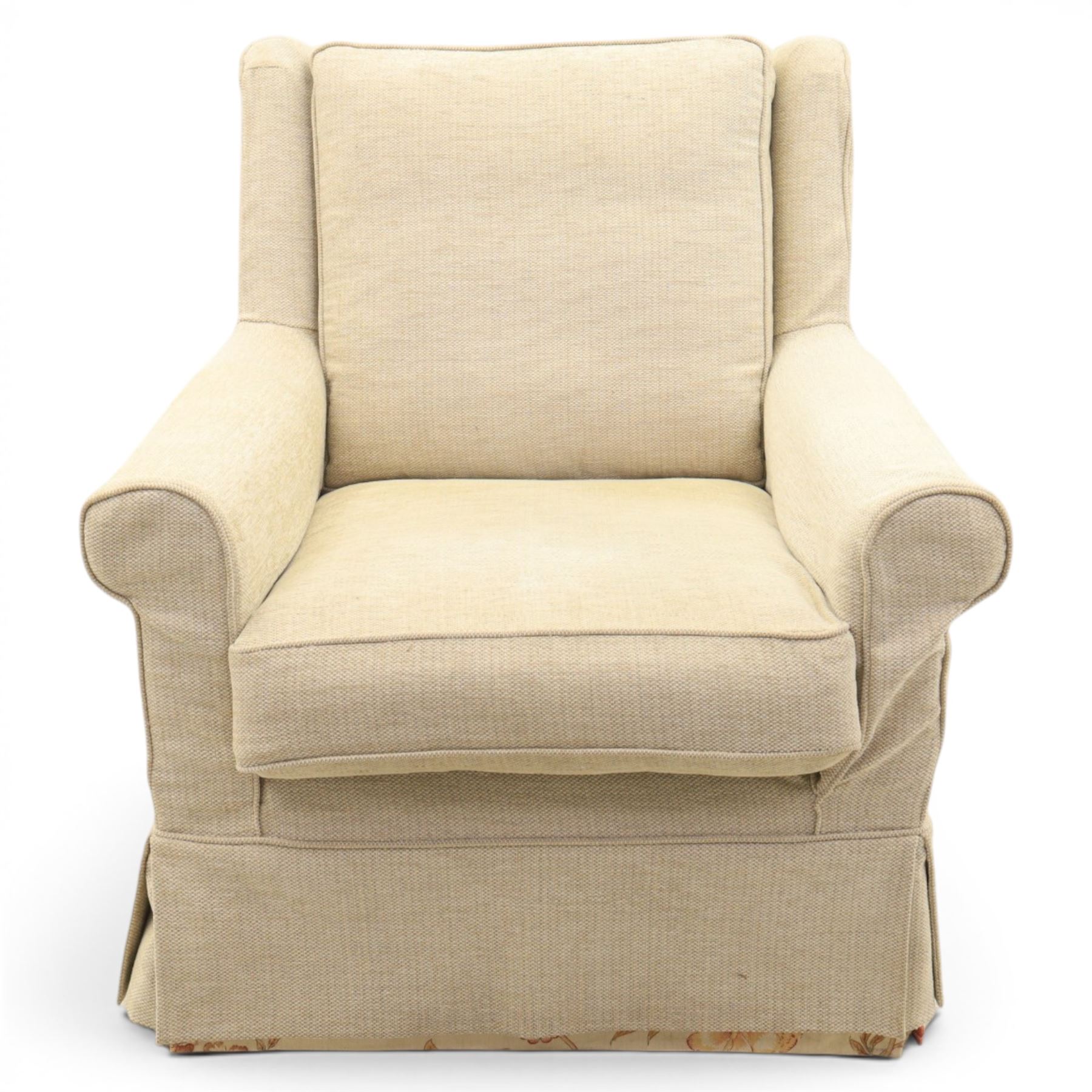 Wesley Barrel - two seater sofa and matching armchair,with scrolled arms and loose cushions, beige chenille fabric, raised on castors  (Armchair: H 100cm, D 100cm, W 87cm)