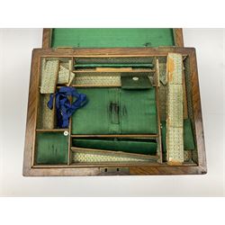 Victorian walnut sewing box, the hinged lid decorated with inlaid backgammon and cribbage board lifting to reveal lined compartmented interior with lift out tray
