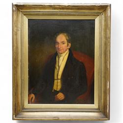 English School (19th century): Portrait of 'Thomas Kirkby' , oil on board unsigned, inscribed 'Sometime editor of the Leeds Intelligencer (newspaper), formerly of Leeds Mercury' verso 44cm x 34cm