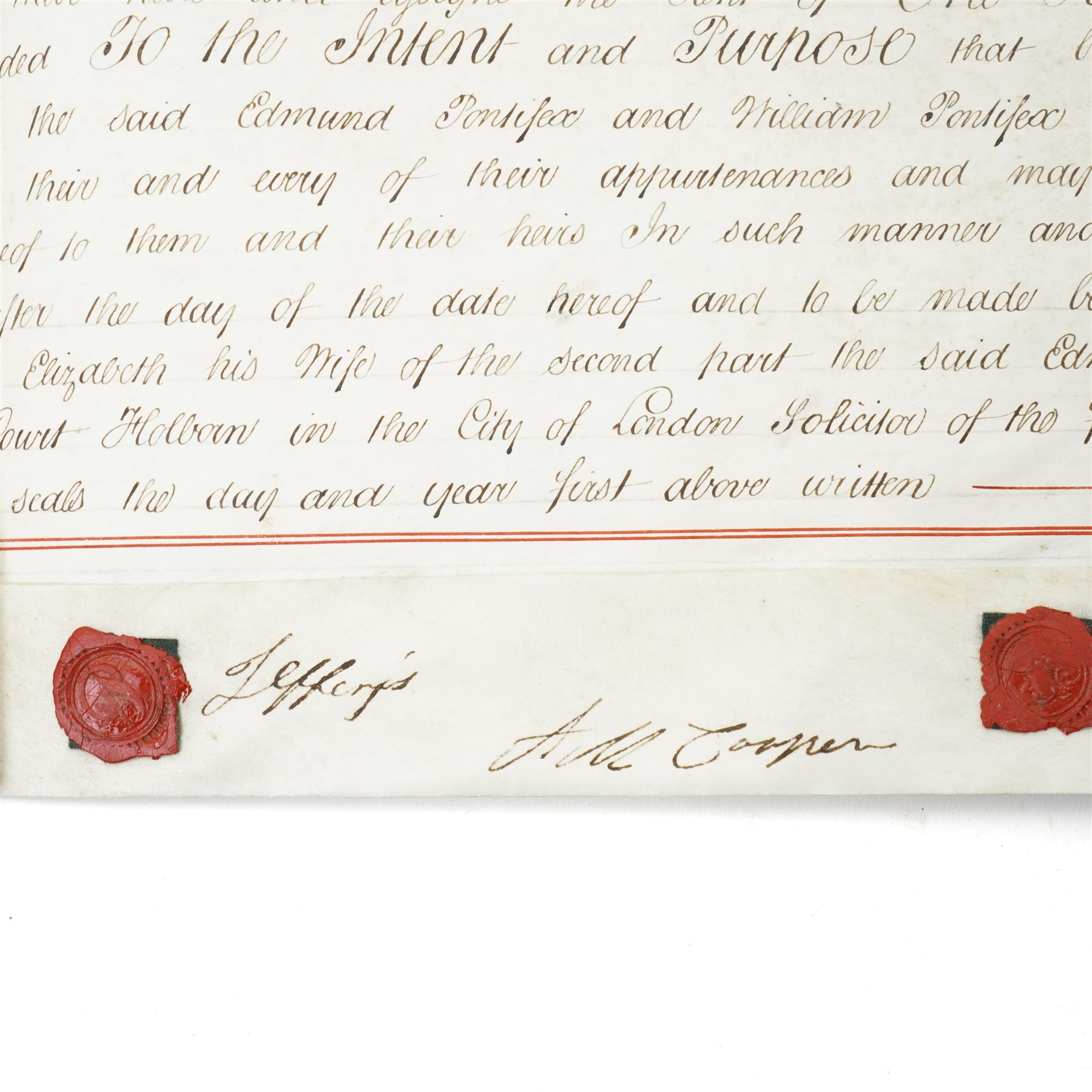 18th century Indenture between Thomas Hyde, citizen and fishmonger of London and Tobias Hodgson, citizen and joiner of London 1751, framed 56cm x 68cm and a 19th century lease regarding property in Soho 1834 (2)