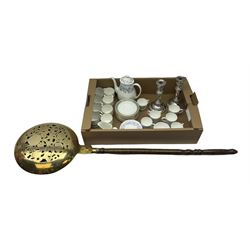 Assorted collectables, comprising Wedgwood Petra pattern six piece coffee set, six Royal Doulton Rondelay pattern coffee cans and saucers, pair of silver plated candlesticks with oblique gadrooned detail, and a bed warming pan with pierced copper pan, in one box 