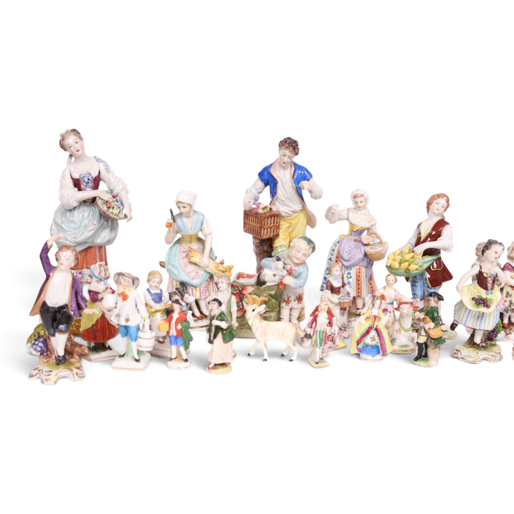 Volkstedt, pair of figures, the flower seller and the bird seller, together with Dresden fruit seller and card seller, with other continental figures