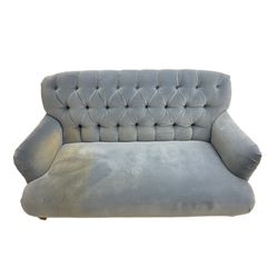 Tetrad - two seat sofa upholstered in baby blue buttoned fabric, on turned light beech front feet