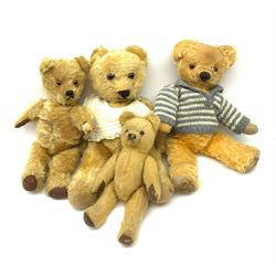 Four 1950s English teddy bears including Chad Valley bear with swivel jointed head, glass type eyes, vertically stitched nose and mouth and jointed limbs H15