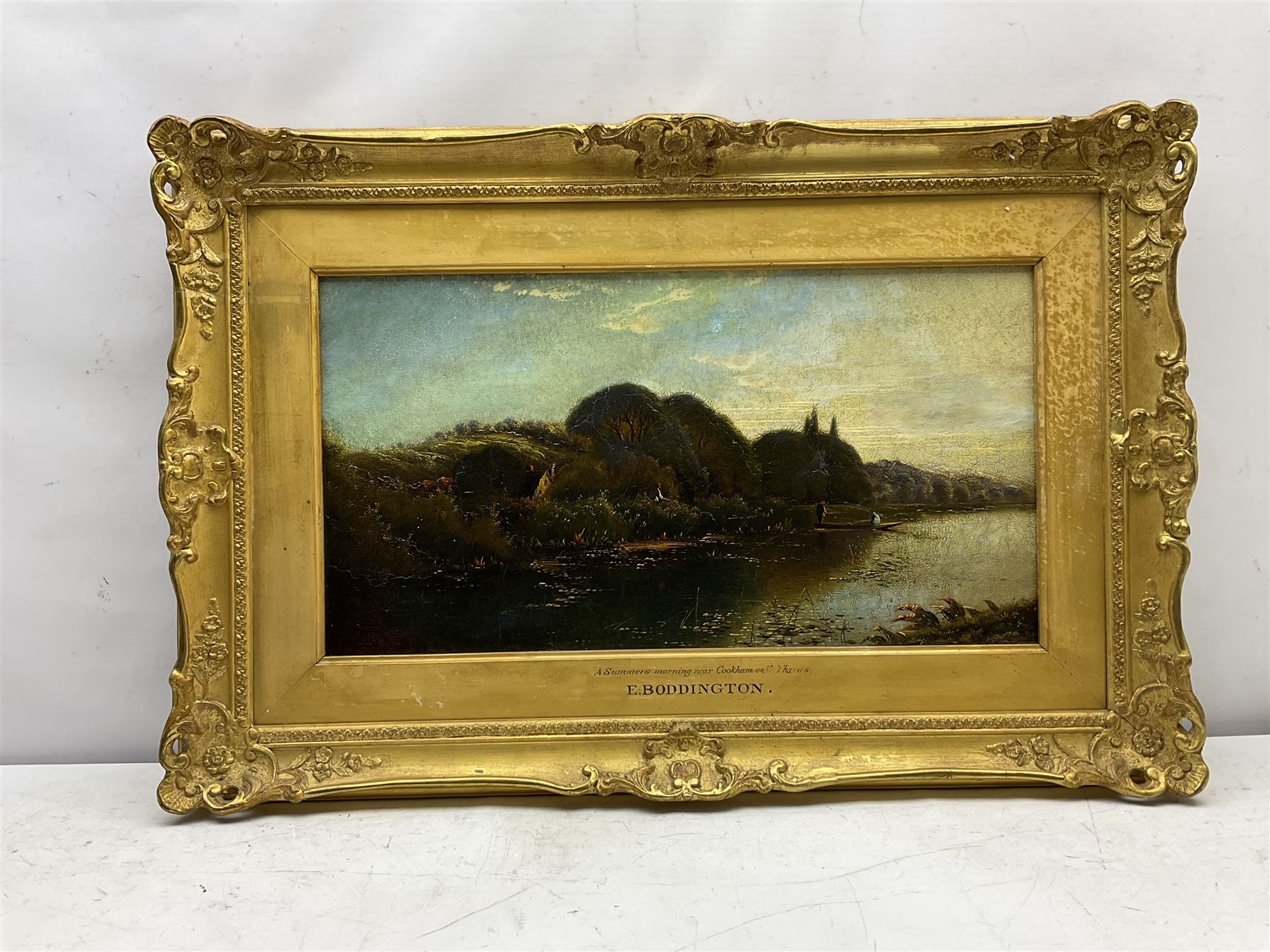 Edwin Henry Boddington (British 1836-1905): 'A Summer's Morning near Cookham on the Thames', oil on canvas signed, titled on stretcher 29cm x 55cm