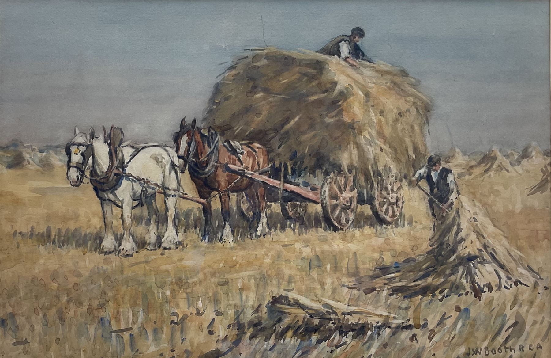 James William Booth (Staithes Group 1867-1953): Haymaking, watercolour signed 29cm x 45cm