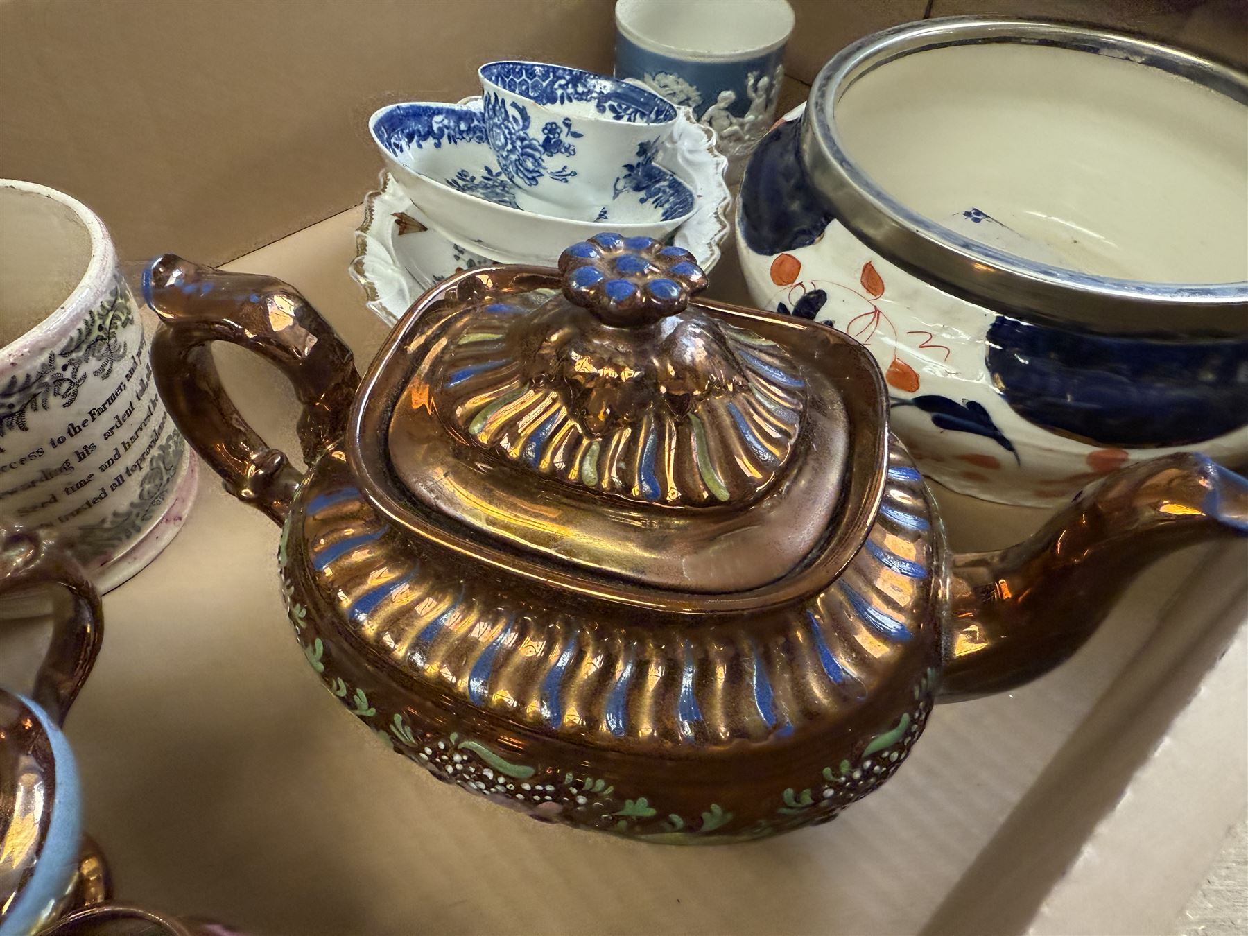 19th century and later ceramics, including Sunderland lustre mug, with agricultural scene and quote, together with lustre teapot and jugs, bowl with silver rim, Sampson dish, English blue and white tea bowls and saucers, blue and white tile, etc