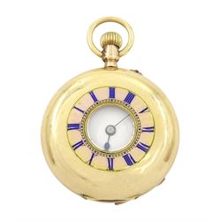 Early 20th century 14ct gold half hunter keyless cylinder fob watch, white enamel dial wit...