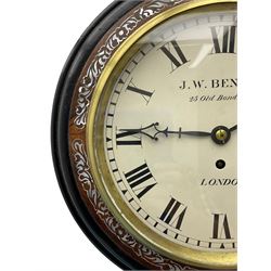 English - 8-day fusee wall clock, with an ebony and mahogany wooden bezel inlaid with mother of pearl, with a flat glass and brass dial bezel, 10