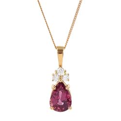 18ct rose gold pear cut pink sapphire and three stone round brilliant cut diamond pendant necklace, pink sapphire approx 4.40 carat