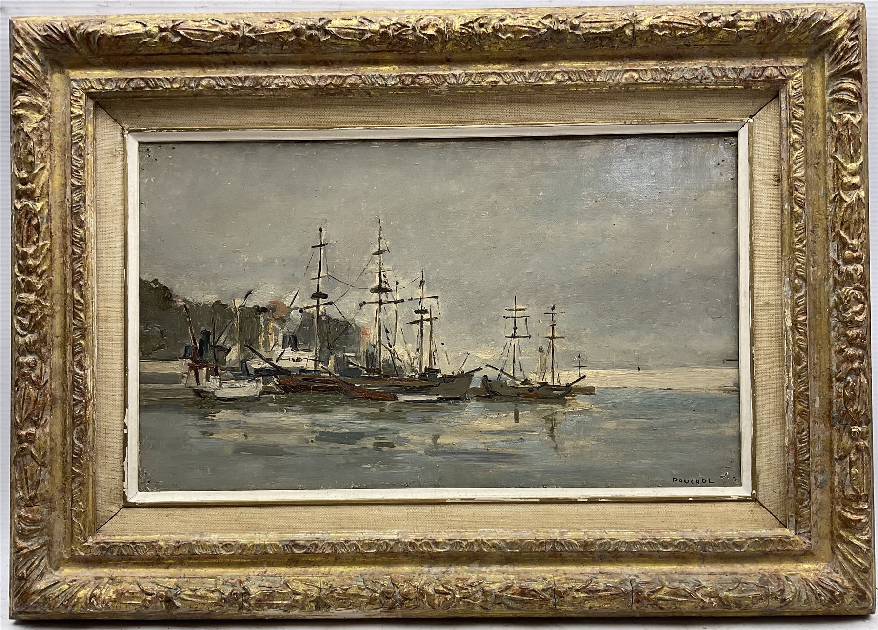 Paul Pouchol (French 1903-1964): 'Les Bateaux du Cinema', oil on canvas signed, titled on labels verso 23cm x 40cm 