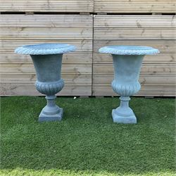 Pair of Victorian design painted cast iron garden urns, egg and dart rim, tapering column on pedestal base H63, D48 - THIS LOT IS TO BE COLLECTED BY APPOINTMENT FROM DUGGLEBY STORAGE, GREAT HILL, EASTFIELD, SCARBOROUGH, YO11 3TX