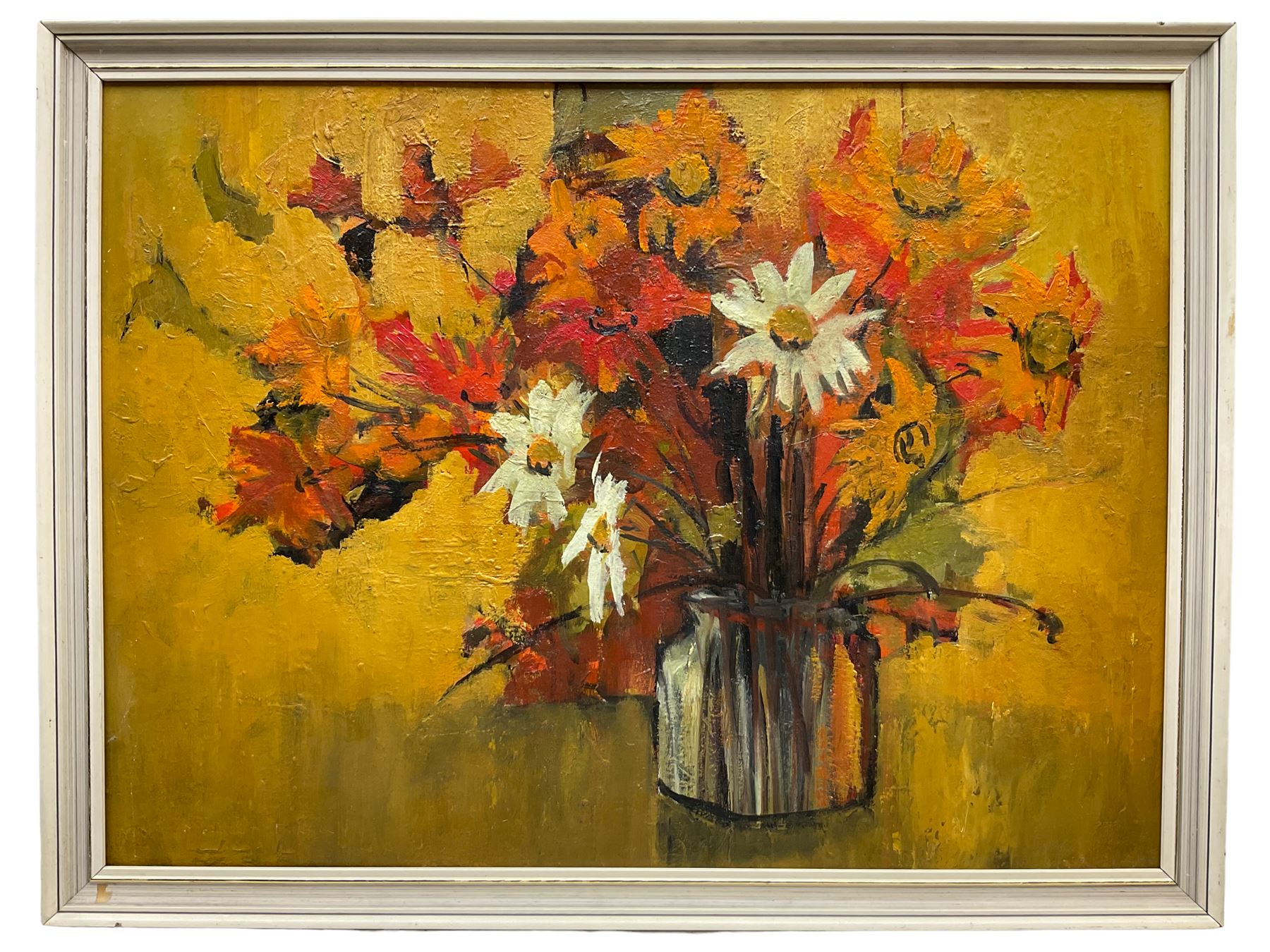Margaret Parker (Northern British 1925-2012): Still Life of Flowers in a Vase, oil on board signed versp 44cm x 59cm