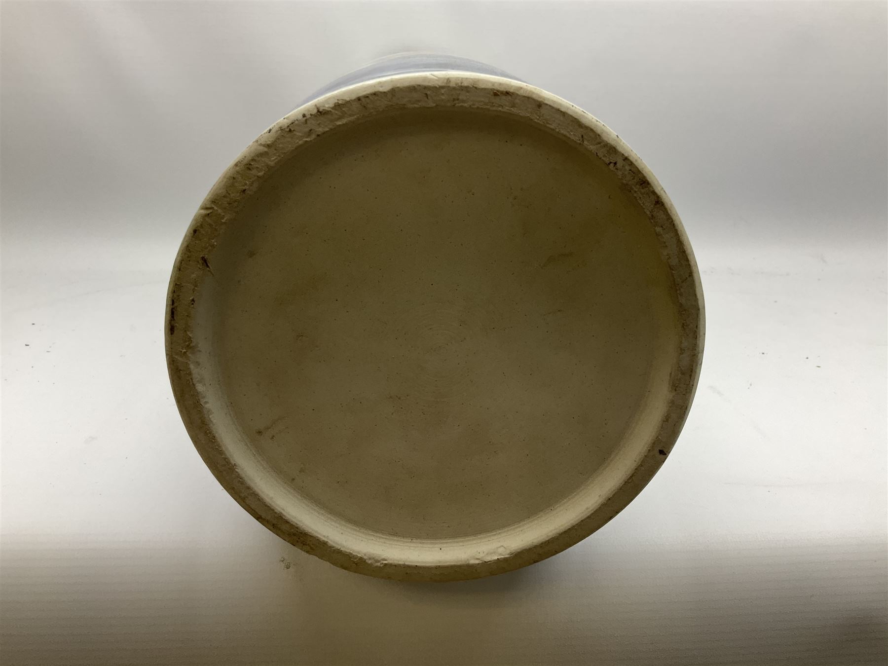 Chinese floor vase of cylindrical form decorated in blue, white and red wih birds perched upon blossoming branches, with flared rim, H62cm