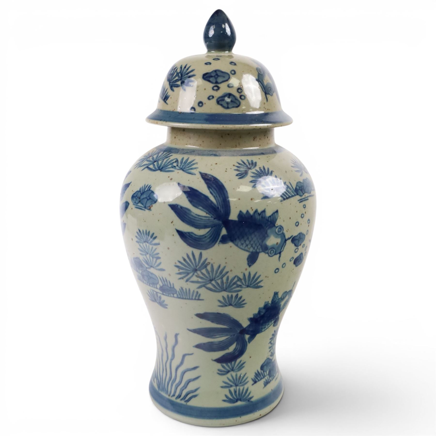 Pair of Chinese blue and white jars and covers, of baluster form, painted with fish and foliage H36cm