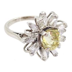18ct white gold and platinum yellow sapphire, baguette and marquise cut diamond cluster ring, sapphire approx 2.95 carat, total diamond weight approx 1.20 carat