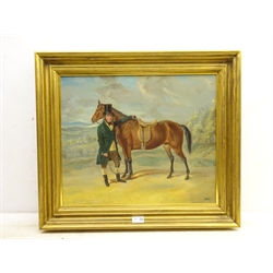  Manner of Harry Hall (British 1814-1882): Study of a Hunter and his Owner in Landscape setting, oil on canvas signed 43cm x 51cm  