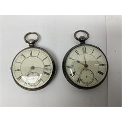 Three Victorian silver lever open face pocket watches including, cream dials with Roman numerals and subsidiary seconds dial, silver cylinder pocket watch and an 8 Jours Hebdomas pocket watch, two silver watch chains and one other chain