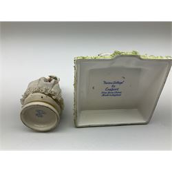 Group of figures, comprising six Royal Doulton examples, Daydreams HN1731, Silks and Ribbons HN2017, Tom Sawyer HN2926, Marie HN1370, Bo-Peep HN1811, and Tinkle Bell HN1677, together with a Dresden type 'lace' example, and a Coalport 'Swiss Cottage', (8)