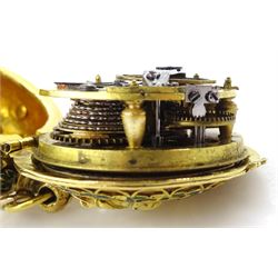 18th century 18ct gold fusee lever full hunter repousse pocket watch with later 19th century modifications to the movement, the 18th century case depicting figures in front of a tree with sheep in the background and enamelled leaf surround, the reverse depicting a classical scene with figures and horses, the side with enamelled bird and foliate decoration, 18th century polychrome dial with gilt hour hand, Roman numerals and quarter hour markers.