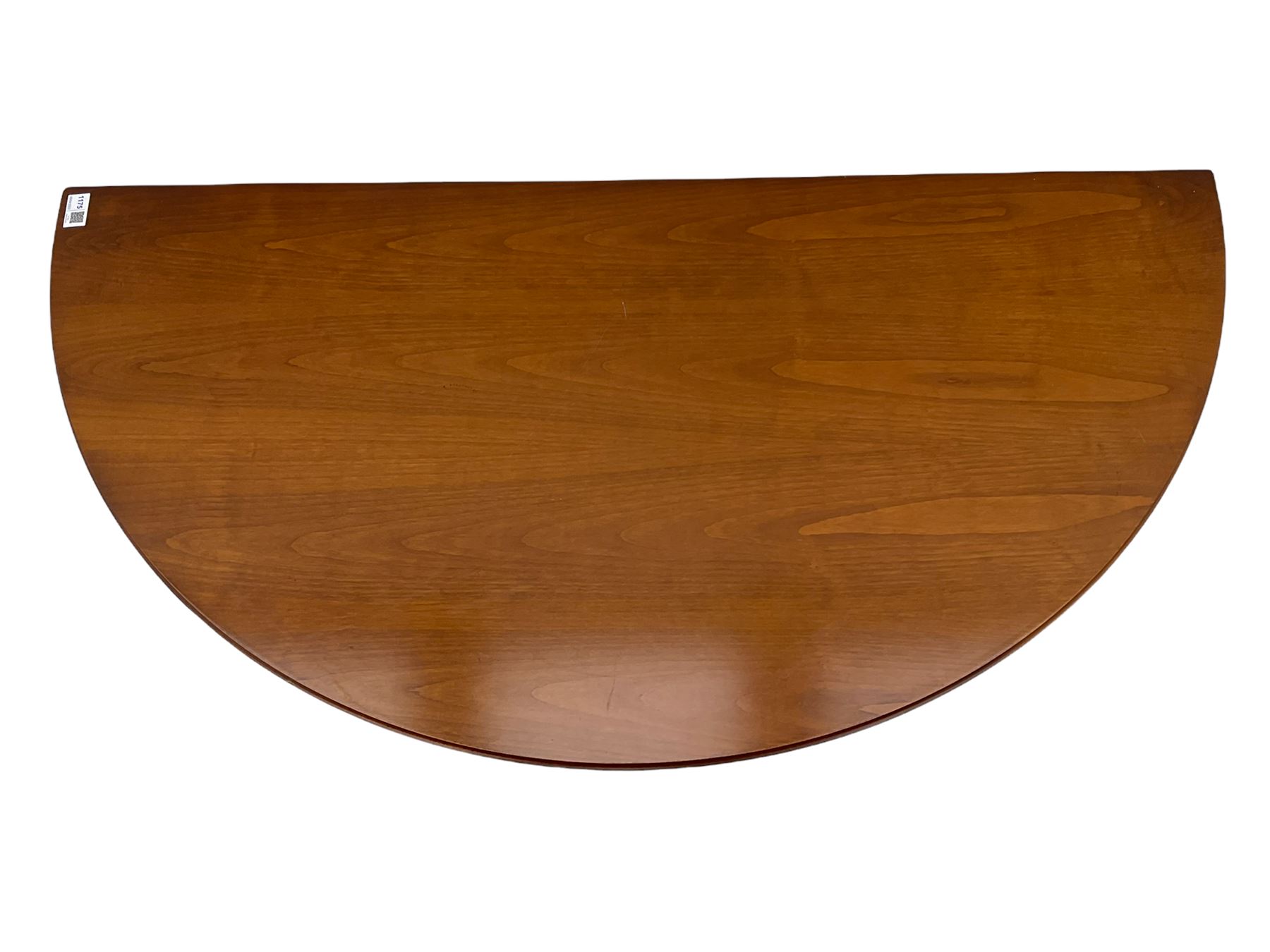 Contemporary cherry wood demi-lune console table, on tapering turned supports with fluting