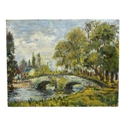 M. Holmes Pickup (Scottish, 20th Century): Bridge over River, Oil on board, signed in pen to lower right, 34cmx26.5cm
