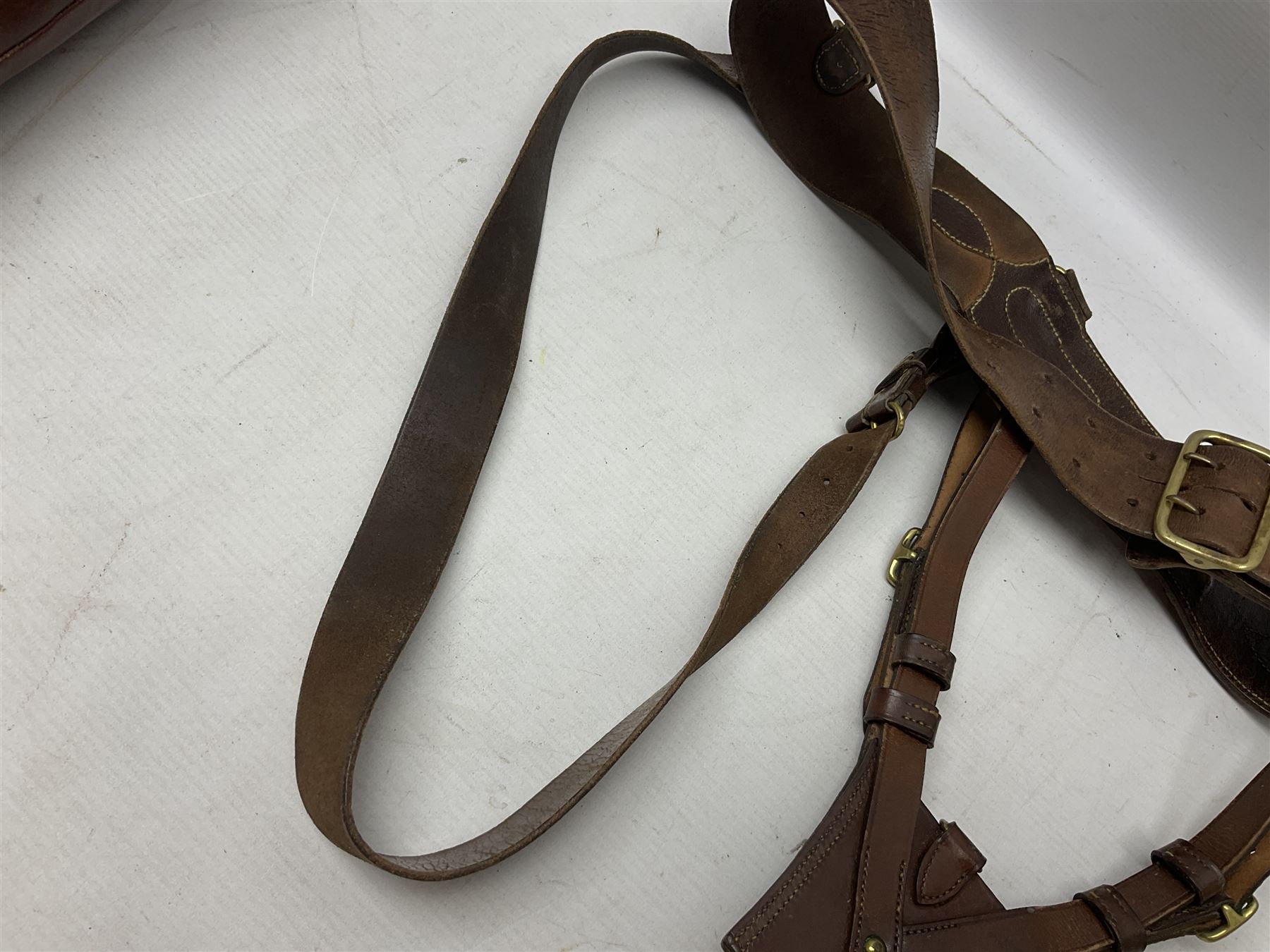Pair of WW1 style Army Officer's brown leather full leg riding boots with Alkit four-piece wooden boot trees; and two officer's Sam Browne leather belts with cross-straps, one with sword frog (4)