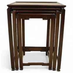 Whytock & Reid, Edinburgh  - Edwardian nest of three Chinese-style solid mahogany occasional tables, rectangular top with finely moulded edge above slim square section legs with subtly chamfered inner edges, joined by H-shaped stretchers, largest W40xD33xH52cm
