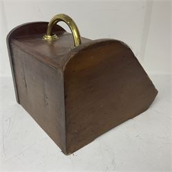 Fall front coal box with carrier handle, together with brass fire tools and a stick stand 
