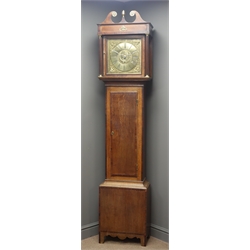  Late 18th century oak and mahogany banded longcase clock, squared hood with fluted column supports and swan neck pediment, square brass dial inscribed 'John Keeling', with false date aperture with applied brass wreath, 30-hour movement striking bell, H207cm  