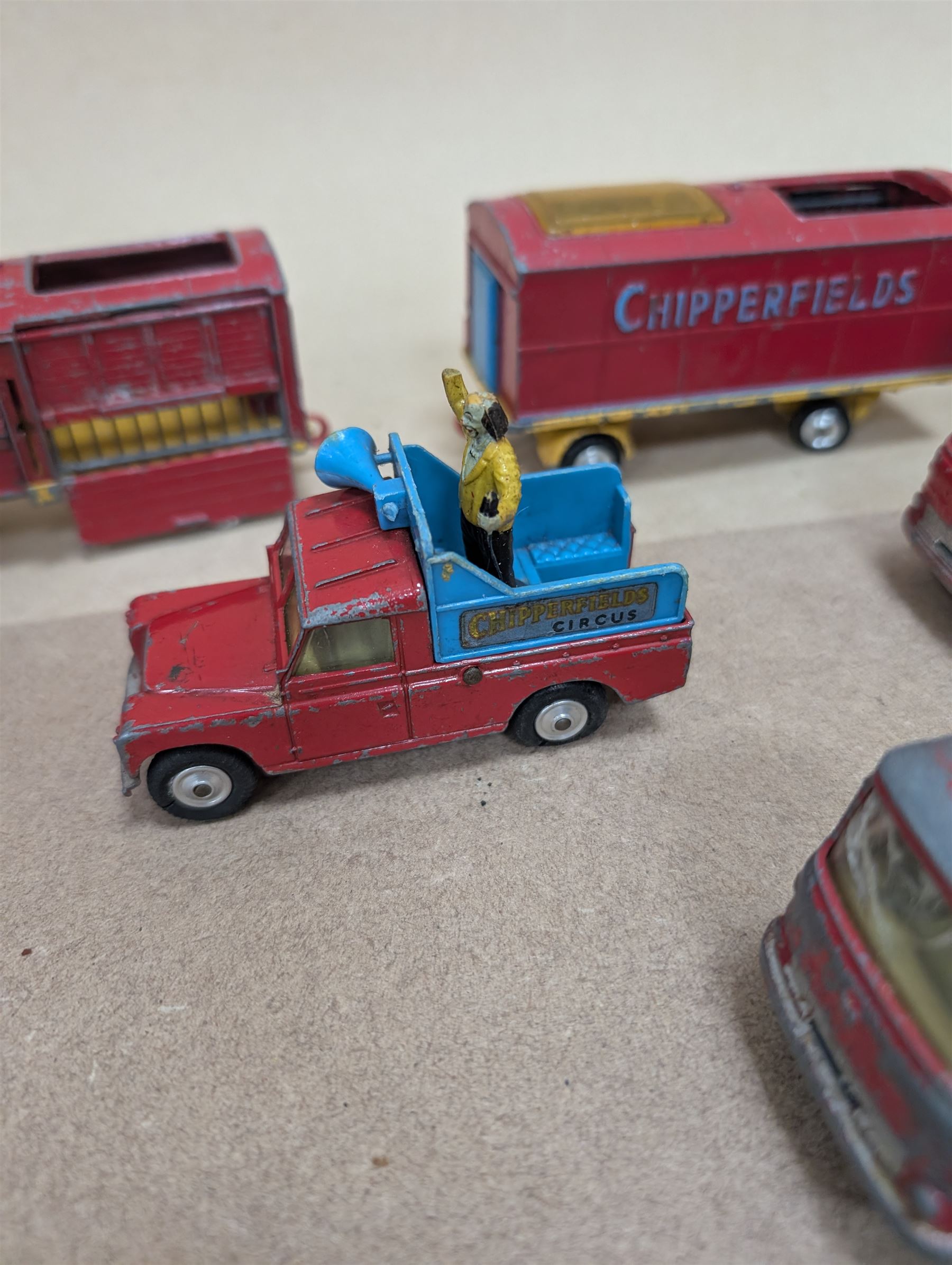 Corgi Major Toys diecast Chipperfields Circus vehicles and similar, comprising International 6x6 Truck, four Circus Animal Cages, Land Rover 109 WB, three Bedford Tractor Units and a Farm Trailer