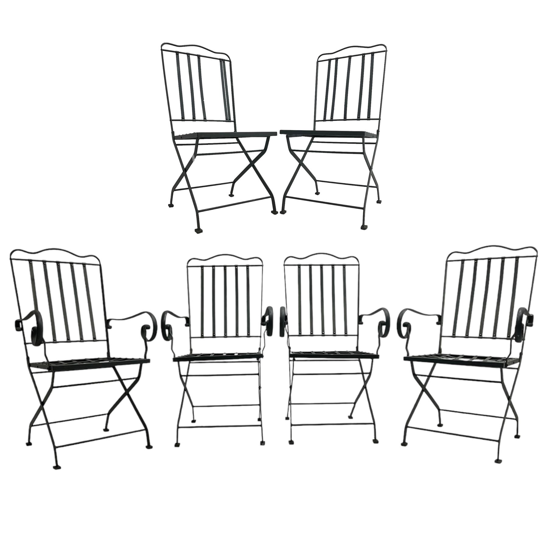 Set of six (4+2) grey finish wrought metal garden chairs, with shaped cresting rail over vertical slat back, latticework seat  - THIS LOT IS TO BE COLLECTED BY APPOINTMENT FROM DUGGLEBY STORAGE, GREAT HILL, EASTFIELD, SCARBOROUGH, YO11 3TX