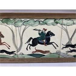 Packard and Ord tile tray hand painted with a hunting scene and a wooden frame, H17cm L48cm