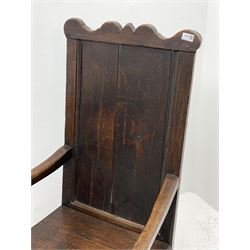 18th century oak Wainscot chair, shaped cresting rail over panelled back with moulded slip, turned arm uprights and supports jointed by stretchers, total width - 58cm, seat height - 39cm, total height - 114cm