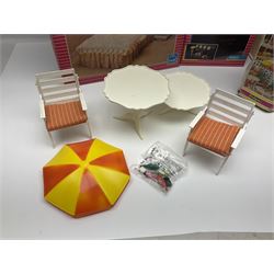 Sindy - furniture and accessories comprising dining suite with separate dresser; two beds; Garden Set; Music Centre; all  boxed; three-piece bedroom suite; settee; Hostess Trolley; two coffee tables; and four-piece bathroom suite including shower cubicle