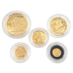 Queen Elizabeth II 2010 'Gold Proof Sovereign Five-Coin Collection', comprising 22ct gold five pound, double sovereign, full sovereign, half sovereign and quarter sovereign coins, cased with certificate