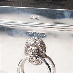 Edwardian silver rectangular cigar box with lion mask ring handles and wooden lined interior 24cm x 15cm x 15cm Birmingham 1909 Maker Horton & Allday 