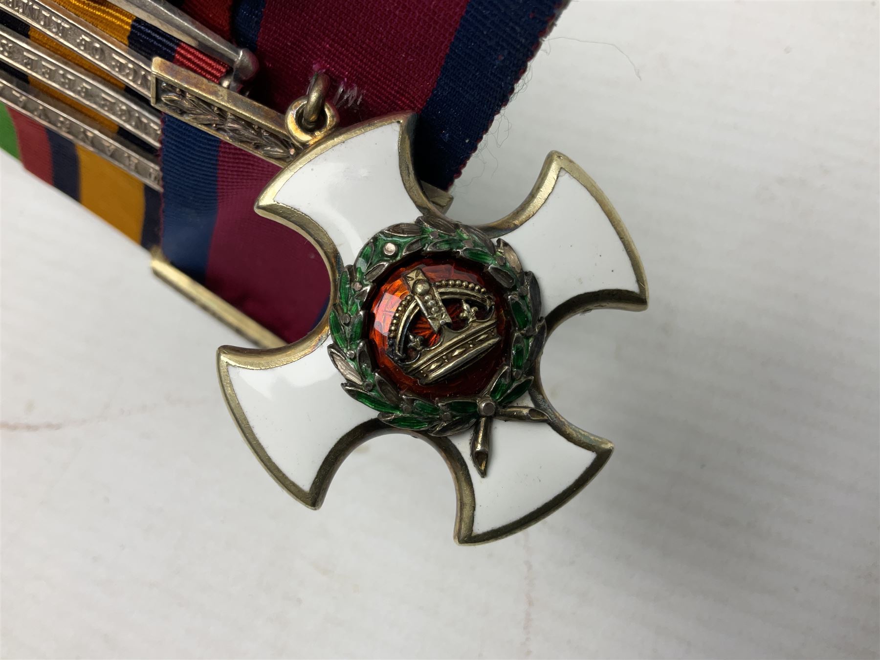 South Africa/WW1 Distinguished Service Order group of seven medals comprising D.S,O. with original ribbon bar and top bar slider, Queens South Africa Medal with three clasps for Defence of Kimberley, Orange Free State and Transvaal, Kings South Africa Medal with two clasps for South Africa 1901 & 1902 awarded to Capt. C.J. O'Gorman D.S.O. R.A.M.C., 1914-15 Star, British War Medal and Victory Medal with MID oak leaves awarded to Major (later Lt. Col.) C.J. O'Gorman D.S.O. R.A.M.C. and Kimberley Star 1899-1900; together with copies of research and biographical material