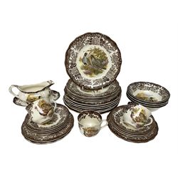 Royal Worcester Palissy Game Series pattern  tea and dinner wares, comprising six dinner plates, five side plates, five dessert plates, four bowls, sauce boat and saucers, three teacups and six saucers 