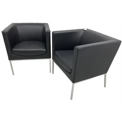 Orangebox - pair of contemporary 'Drift' tub armchairs, upholstered in blakc faux leather, on chrome supports