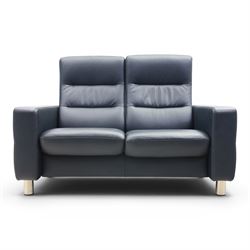 Ekornes - Stressless 'Wave' two seater sofa, upholstered in blue leather, independent recline mechanism, raised on cylindrical chrome supports
