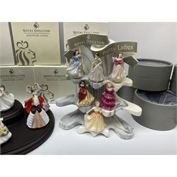 Six Royal Doulton Pretty Ladies figures, comprising Rebecca, Belle, Deborah, Jennifer, Jessica, and Lauren, with display stand, together with ten Royal Daulton Miniature Ladies figures, Ninette, Christine, Rachel, Elizabeth, Margret, Karen, Elaine, Victoria, Jane, and Susan, with display stand, all with boxes. 