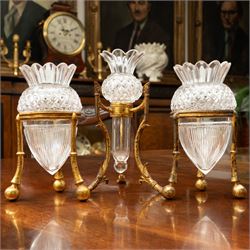 19th century F & C Osler trio, the cut-glass bud vases upon stylised gilt bronze mounts, s...